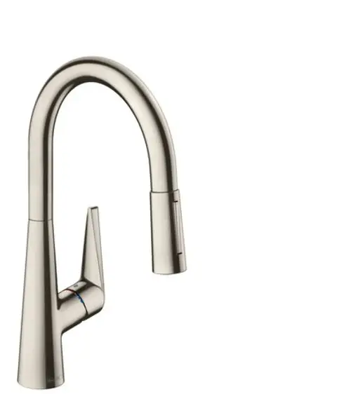 Hansgrohe Küchenarmatur mit hohem, geschwungenem Auslauf und einer ausziehbaren Brause. Der Griff für die Temperaturregelung befindet sich an der Seite.
